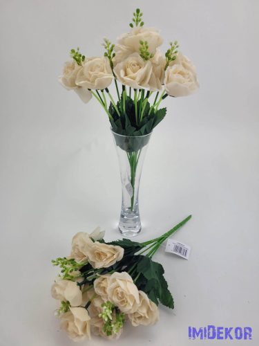 Rózsa 14 fejes selyemvirág csokor díszítővel 30 cm - Púder