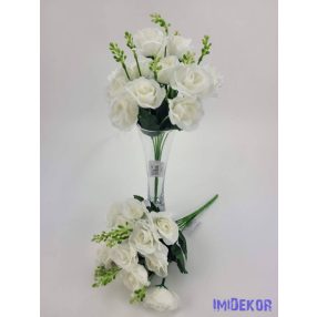   Rózsa 14 fejes selyemvirág csokor díszítővel 30 cm - Fehér