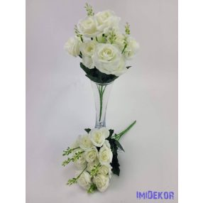   Rózsa 14 fejes selyemvirág csokor díszítővel 30 cm - Törtfehér