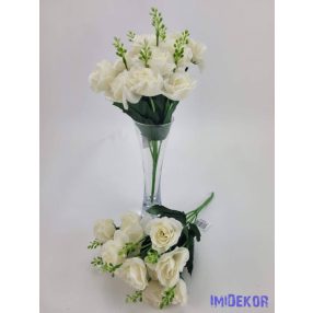   Rózsa 14 fejes selyemvirág csokor díszítővel 30 cm - Halvány krém
