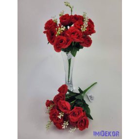  Rózsa 14 fejes selyemvirág csokor díszítővel 30 cm - Piros