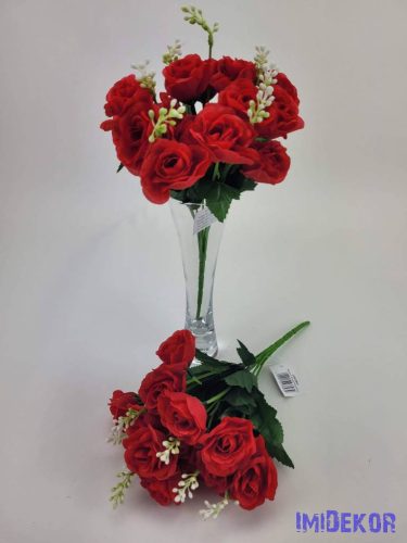 Rózsa 14 fejes selyemvirág csokor díszítővel 30 cm - Piros