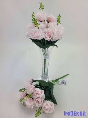 Rózsa 14 fejes selyemvirág csokor díszítővel 30 cm - Babarózsaszín