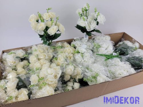 Rózsa 14 fejes selyem csokor 30 cm - Fehér+Krém