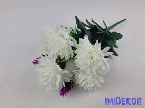 Krizantém 9 ágú 5 fejes selyem csokor 38cm - Törtfehér