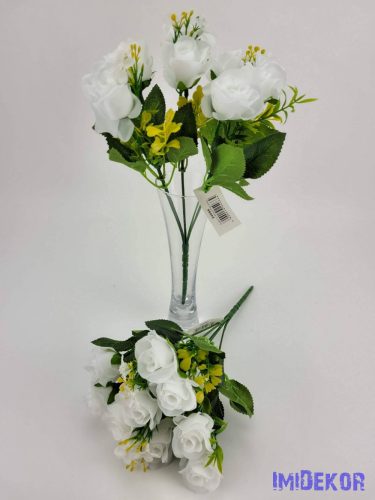 Nyíló rózsa 10v selyem csokor 28 cm - Fehér