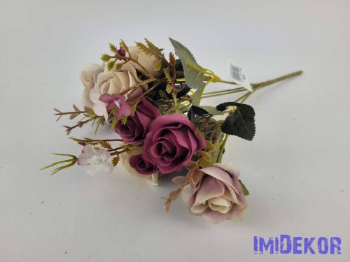 Rózsa + bimbós 5 ágú csokor 30 cm - Krém-Mályva
