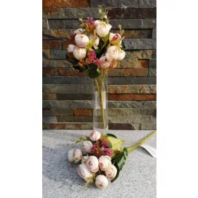   Boglárka aprófejű 5 ágú selyemvirág csokor díszítővel zöldekkel 28 cm Halvány Rózsaszín