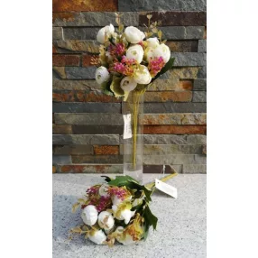   Boglárka aprófejű 5 ágú selyemvirág csokor díszítővel zöldekkel 28 cm Fehér