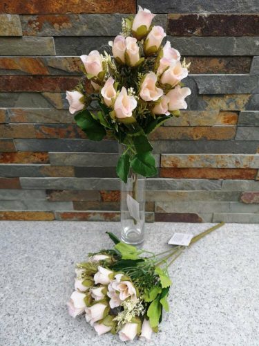 Apró fejű bimbós rózsa 15 fejes selyemvirág csokor 31 cm - Halvány Rózsaszín