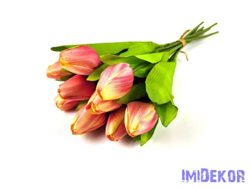 Tulipán 9 ágú kötegelt selyem csokor 41 cm - Krém-Rózsaszín