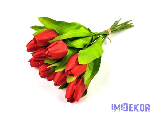 Tulipán 9 ágú kötegelt selyem csokor 41 cm - Piros