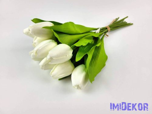 Tulipán 9 ágú kötegelt selyem csokor 41 cm - Fehér