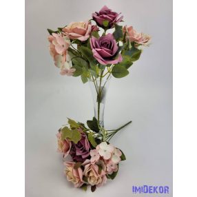   Rózsa hortenzia 7 ágú selyemvirág csokor 27 cm - Krém-Rózsaszínes Mályva
