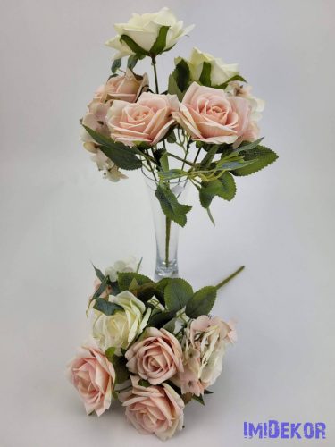 Rózsa hortenzia 7 ágú selyemvirág csokor 27 cm - Krém-Rózsaszín