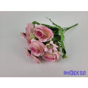 Rózsa+kis virág 5 ágú selyem csokor 24 cm - Rózsaszín