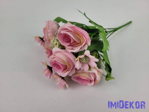 Rózsa+kis virág 5 ágú selyem csokor 24 cm - Rózsaszín