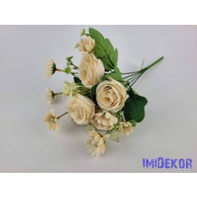   Rózsa+kis virág 5 ágú selyem csokor 24 cm - Halvány Vaj-Barack