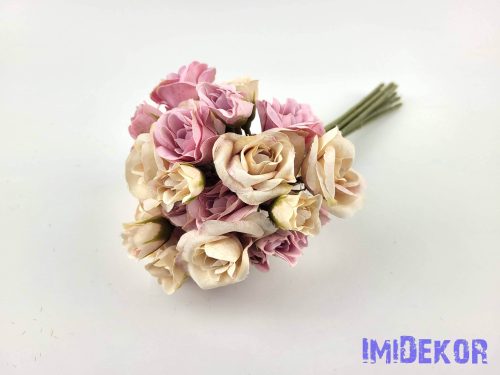 Rózsa 9 ágú kötegelt selyemvirág csokor 30 cm - Bézs-Halvány Lila
