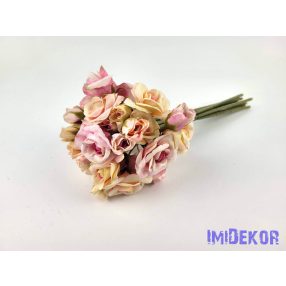   Rózsa 9 ágú kötegelt selyemvirág csokor 30 cm - Krém-Rózsaszín