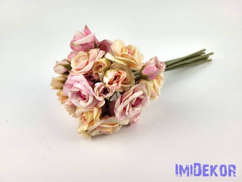 Rózsa 9 ágú kötegelt selyemvirág csokor 30 cm - Krém-Rózsaszín