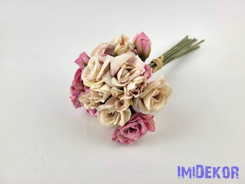 Rózsa 9 ágú kötegelt selyemvirág csokor 30 cm - Bézs-Rózsaszín