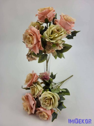 Rózsa hortenzia 7 ágú selyemvirág csokor 29 cm - Barack-Zöld mix