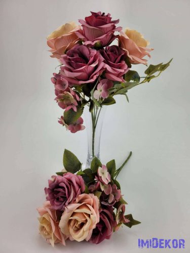 Rózsa hortenzia 7 ágú selyemvirág csokor 29 cm - Mályva-Barack