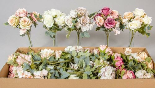 Rózsa hortenzia 7 ágú selyemvirág csokor világos pasztel vegyes színekben 29 cm