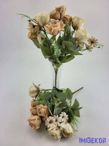 Rózsa + kis virág 7 ágú selyemvirág csokor 33 cm - Krém-Púder