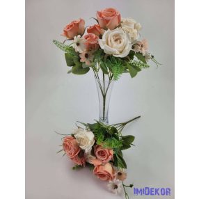   Rózsa + kis virág 7 ágú selyemvirág csokor 33 cm - Krém-Rózsaszín