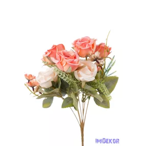   Rózsa + kis virág 7 ágú selyemvirág csokor 33 cm - Krém-Rózsaszín