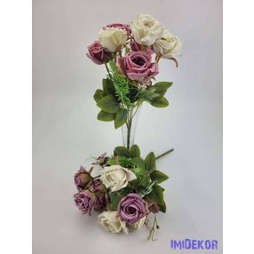   Rózsa + kis virág 7 ágú selyemvirág csokor 33 cm - Krém-Mályvás