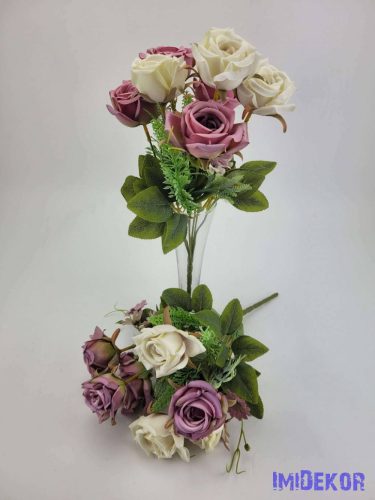 Rózsa + kis virág 7 ágú selyemvirág csokor 33 cm - Krém-Mályvás