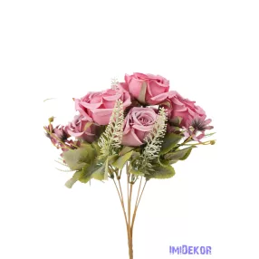   Rózsa + kis virág 7 ágú selyemvirág csokor 33 cm - Mályva Mix