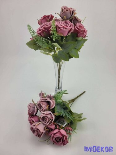 Rózsa + kis virág 7 ágú selyemvirág csokor 33 cm - Mályva Mix