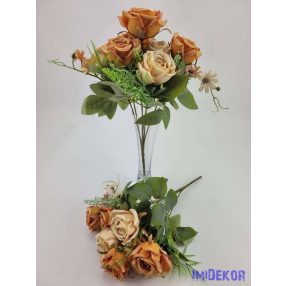   Rózsa + kis virág 7 ágú selyemvirág csokor 33 cm - Barackos Mix