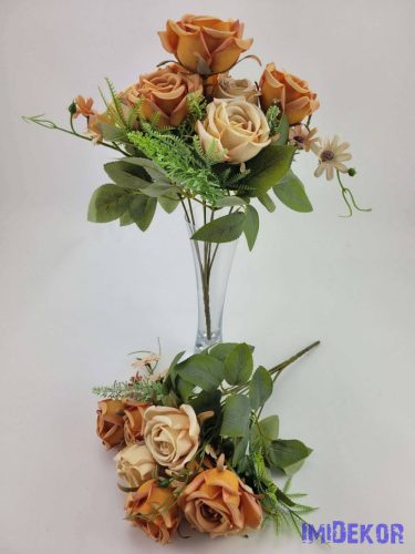 Rózsa + kis virág 7 ágú selyemvirág csokor 33 cm - Barackos Mix