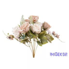   Rózsa + kis virág 7 ágú selyemvirág csokor 33 cm - Ekrü-Bézs Mix