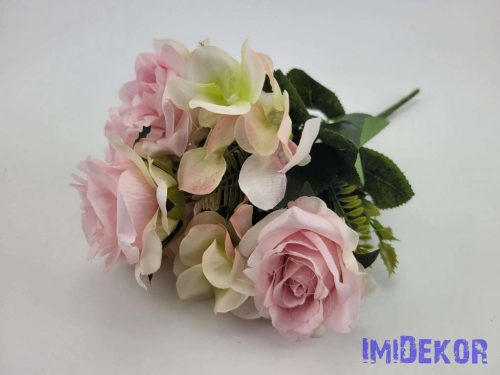 Rózsa hortenzia 7 ágú selyemvirág csokor 36 cm - Halvány Rózsaszín