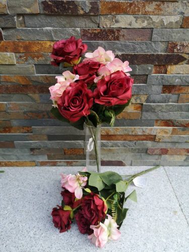 Rózsa hortenzia 7 ágú selyemvirág csokor 36 cm Bordó-Rózsaszín mix