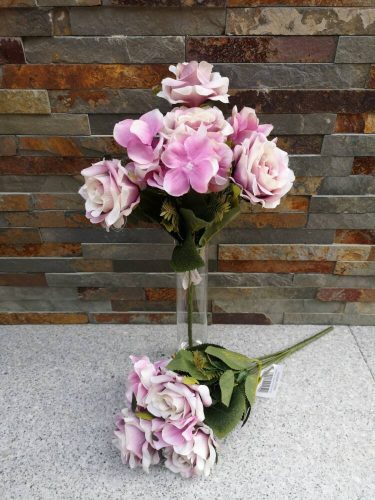 Rózsa hortenzia 7 ágú selyemvirág csokor 36 cm Krém-Mályva mix
