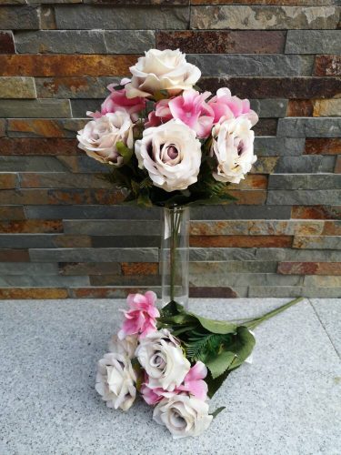 Rózsa hortenzia 7 ágú selyemvirág csokor 36 cm Ekrü-Rózsaszín mix