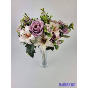   Rózsa + Liliom 12 fejes vegyes selyemvirág csokor 35 cm - Mályva
