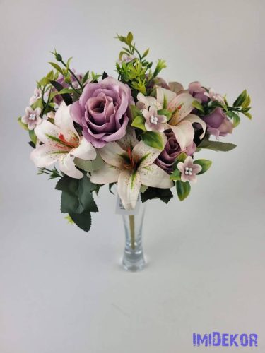 Rózsa + Liliom 12 fejes vegyes selyemvirág csokor 35 cm - Mályva