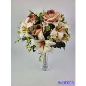  Rózsa + Liliom 12 fejes vegyes selyemvirág csokor 35 cm - Barack