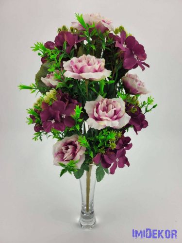 Rózsa hortenzia 12v. selyem csokor 45 cm - Lilás Mix