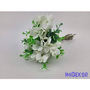   Hortenzia 10 ágú köteg mű eukaliptusszal 25cm - Törtfehér