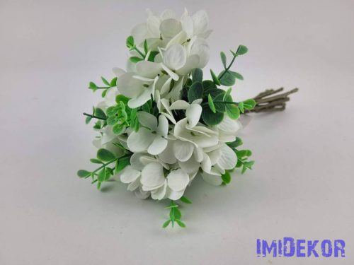 Hortenzia 10 ágú köteg mű eukaliptusszal 25cm - Törtfehér