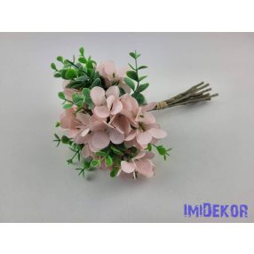   Hortenzia 10 ágú köteg mű eukaliptusszal 25cm - Halvány Rózsaszín